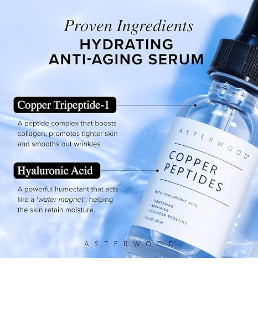 Asterwood Copper Peptides Serum for Face – GHK-Cu; Hyaluronic Acid Firming Serum for Collagen Support, Hydration; Anti-Aging
